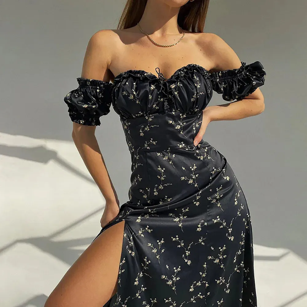 Floral Prints Skinny Sexy Bra Short Puff Sleeve Split Midi Dress