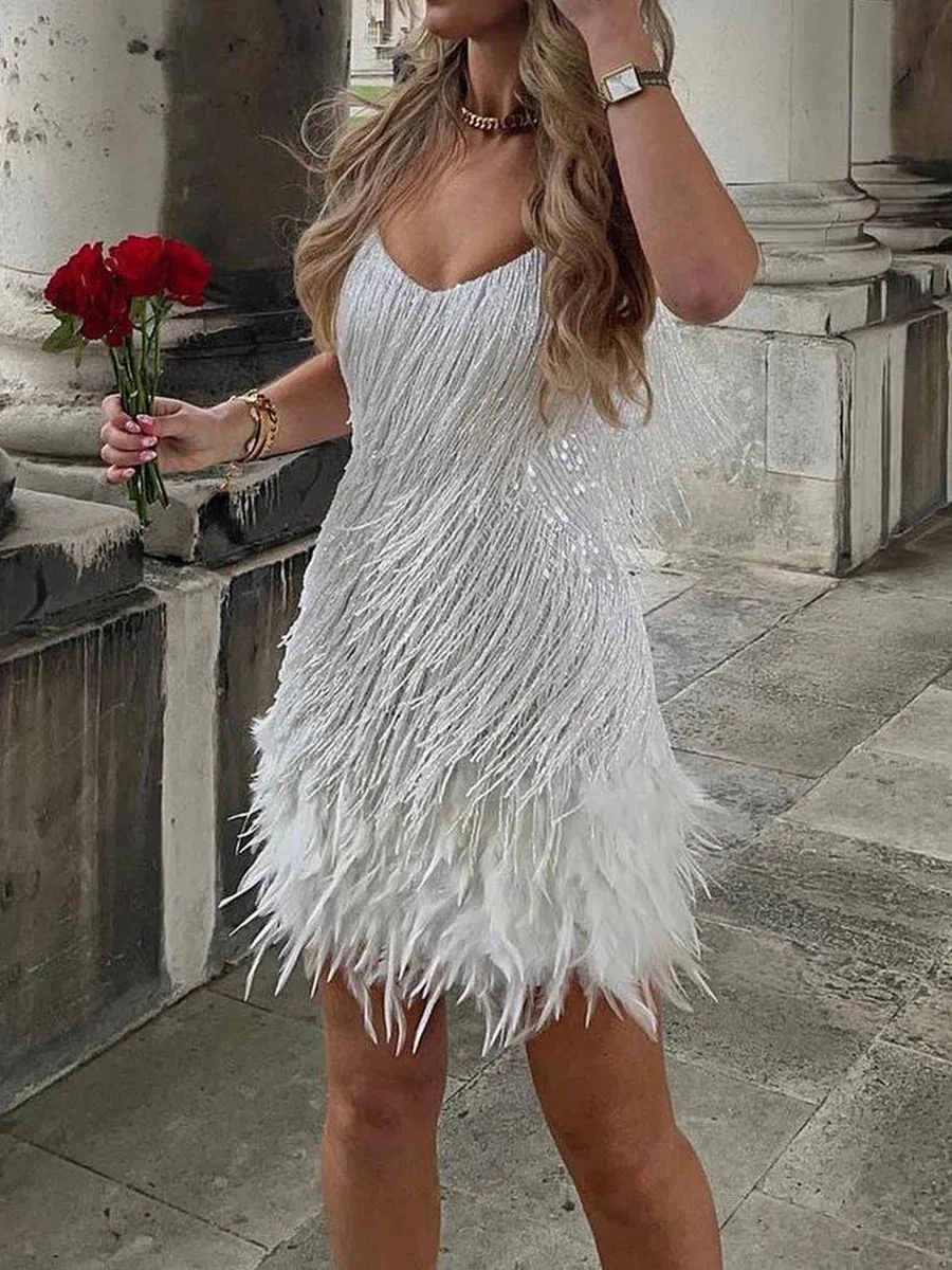 For Women Sequin Mini Feather Tassel Ladies Evening Prom Gown Casual Dresses Dress