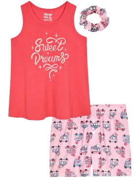 Girls 2-Piece Sleeveless Tank-Top Jersey Pajama Shorts Set with Hair Scrunchie- Icecream Truck.