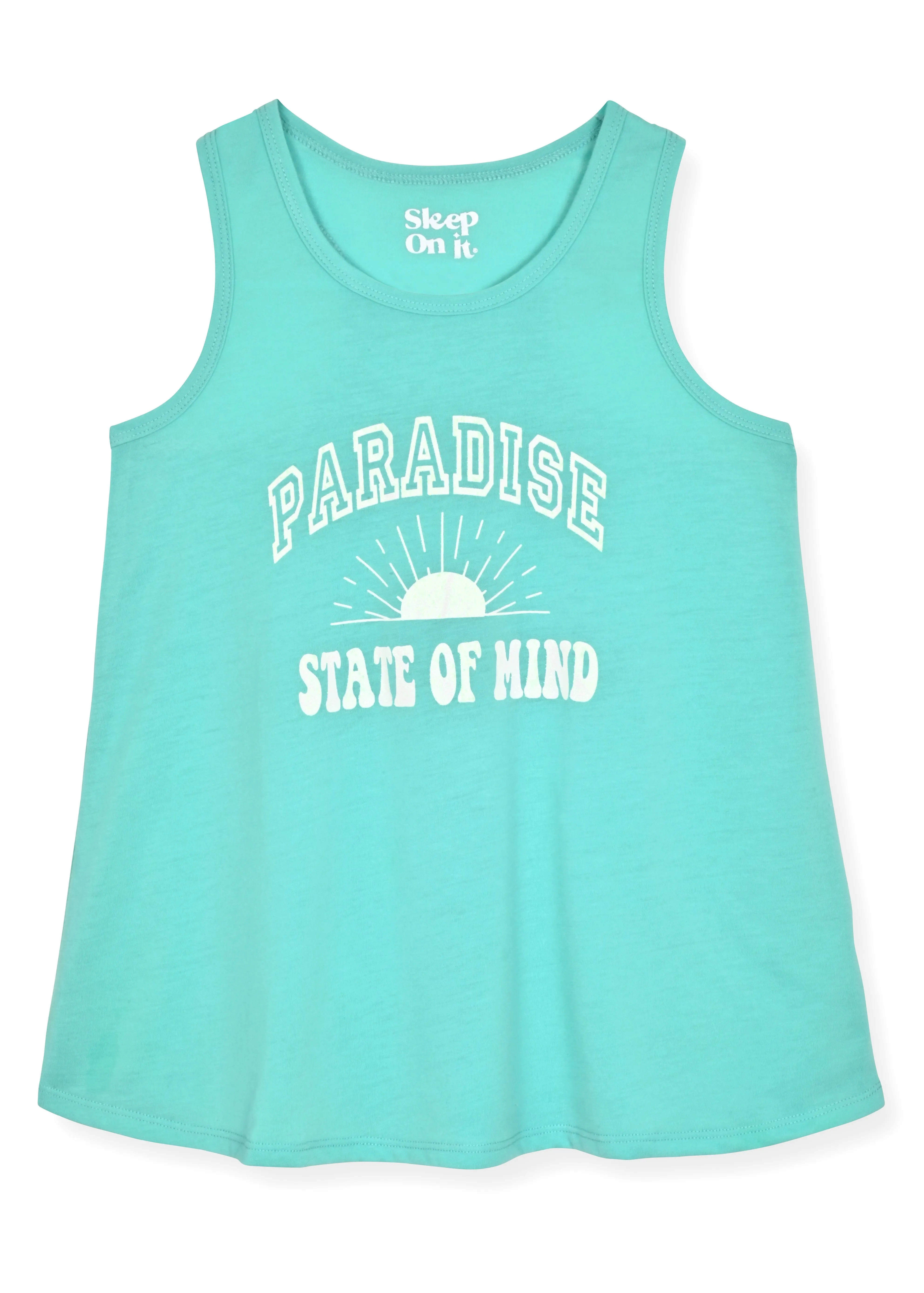 Girls 2-Piece Sleeveless Tank-Top Jersey Pajama Shorts Set with Hair Scrunchie- Paradise State of Mind.