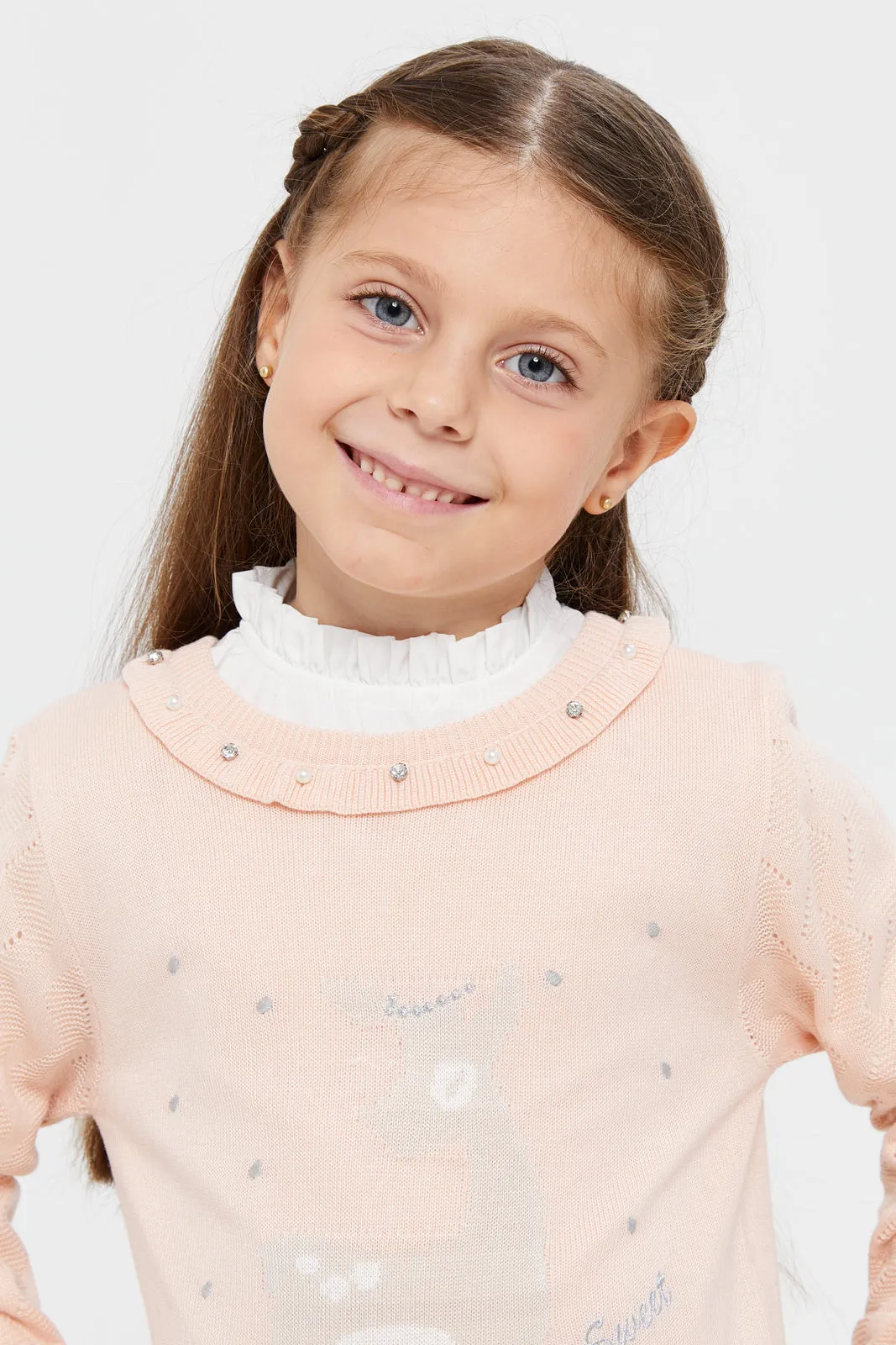 Girls Pink And White Shirt And Embellished Pullover