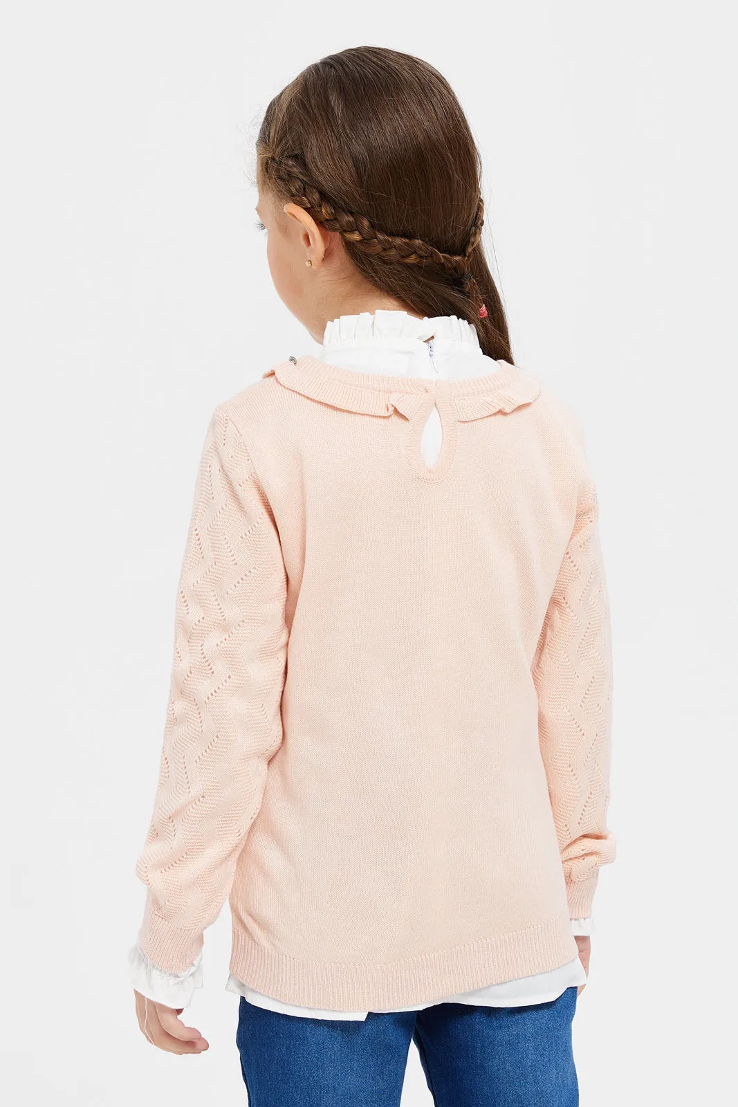 Girls Pink And White Shirt And Embellished Pullover