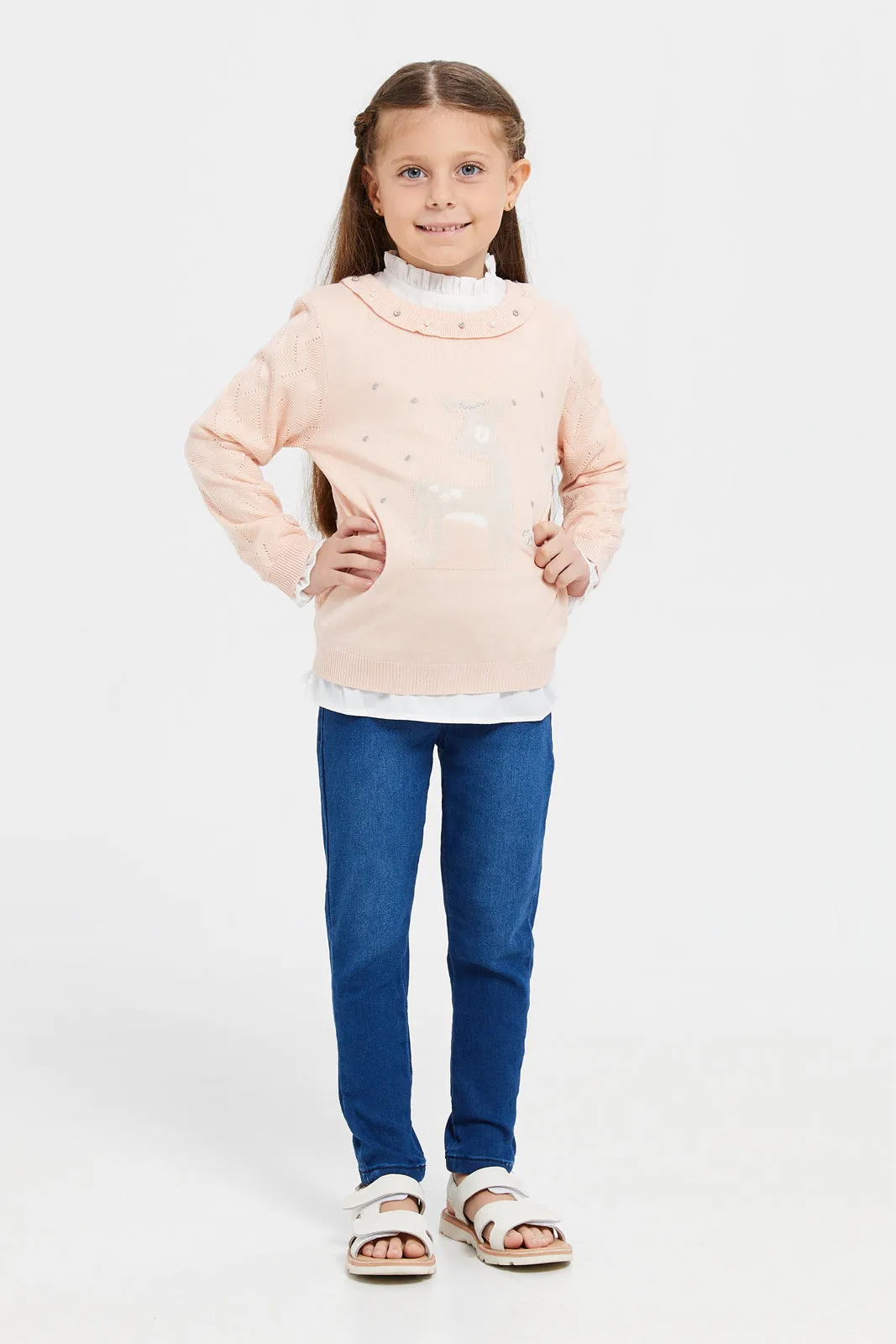 Girls Pink And White Shirt And Embellished Pullover