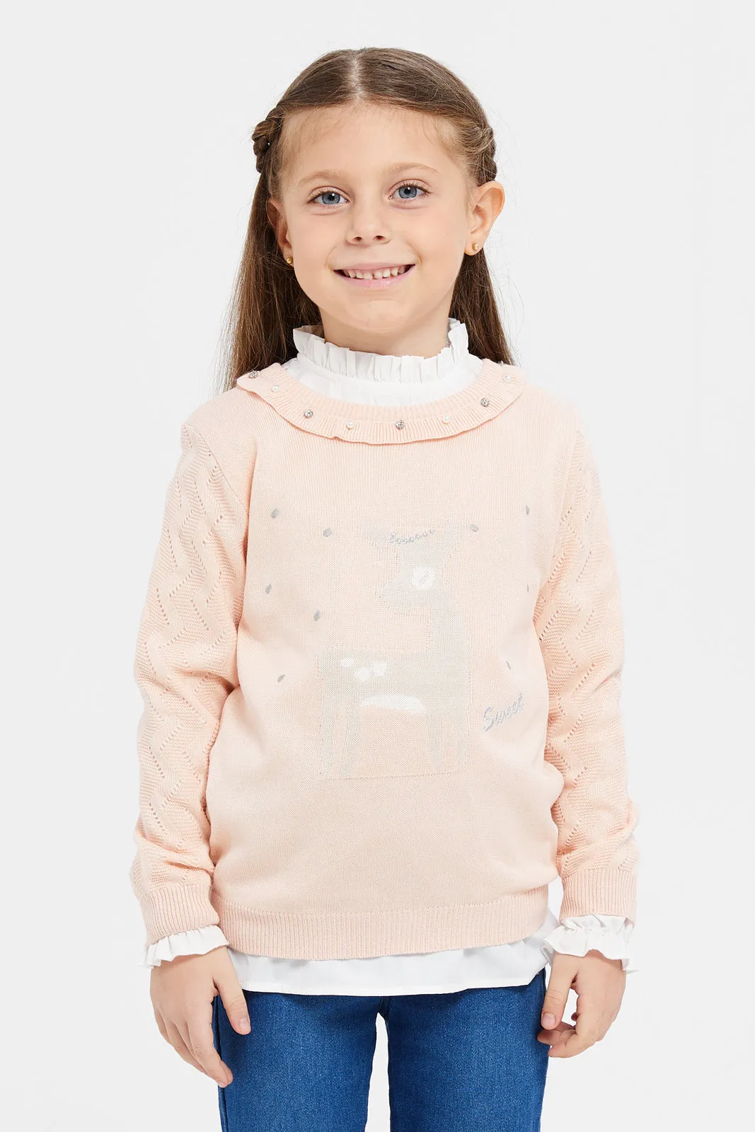 Girls Pink And White Shirt And Embellished Pullover