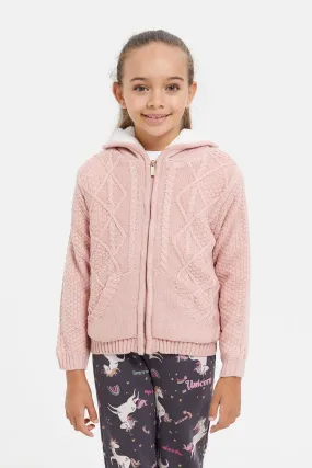 Girls Pink Knitted Zip Front Cardigan