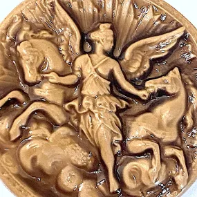 Goddess Aurora with Two Winged Horses Caramel Art Stone Button by Susan Clarke 1-5/8" #SC-2016