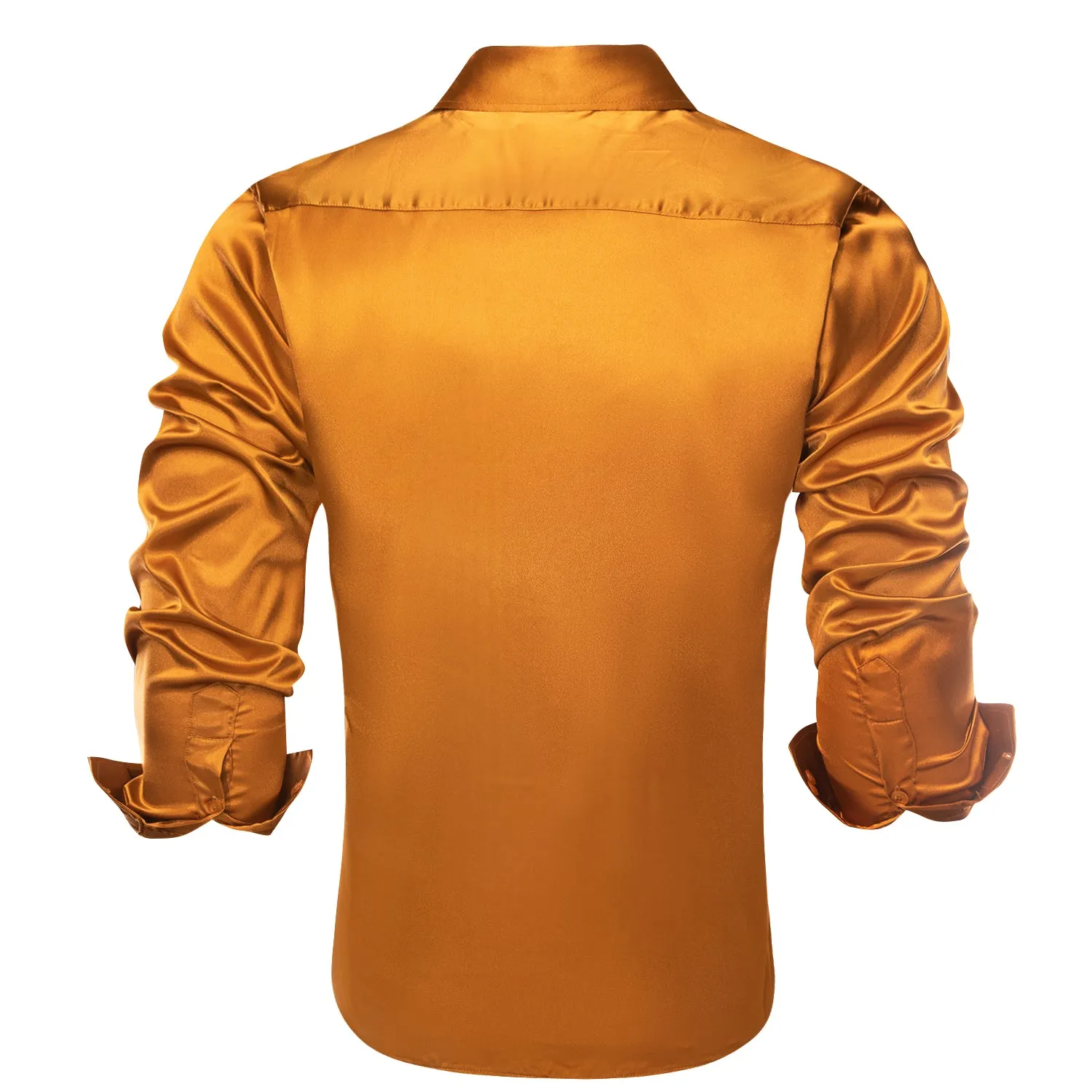 Golden Yellow Solid Satin Silk Men's Long Sleeve Business Shirt