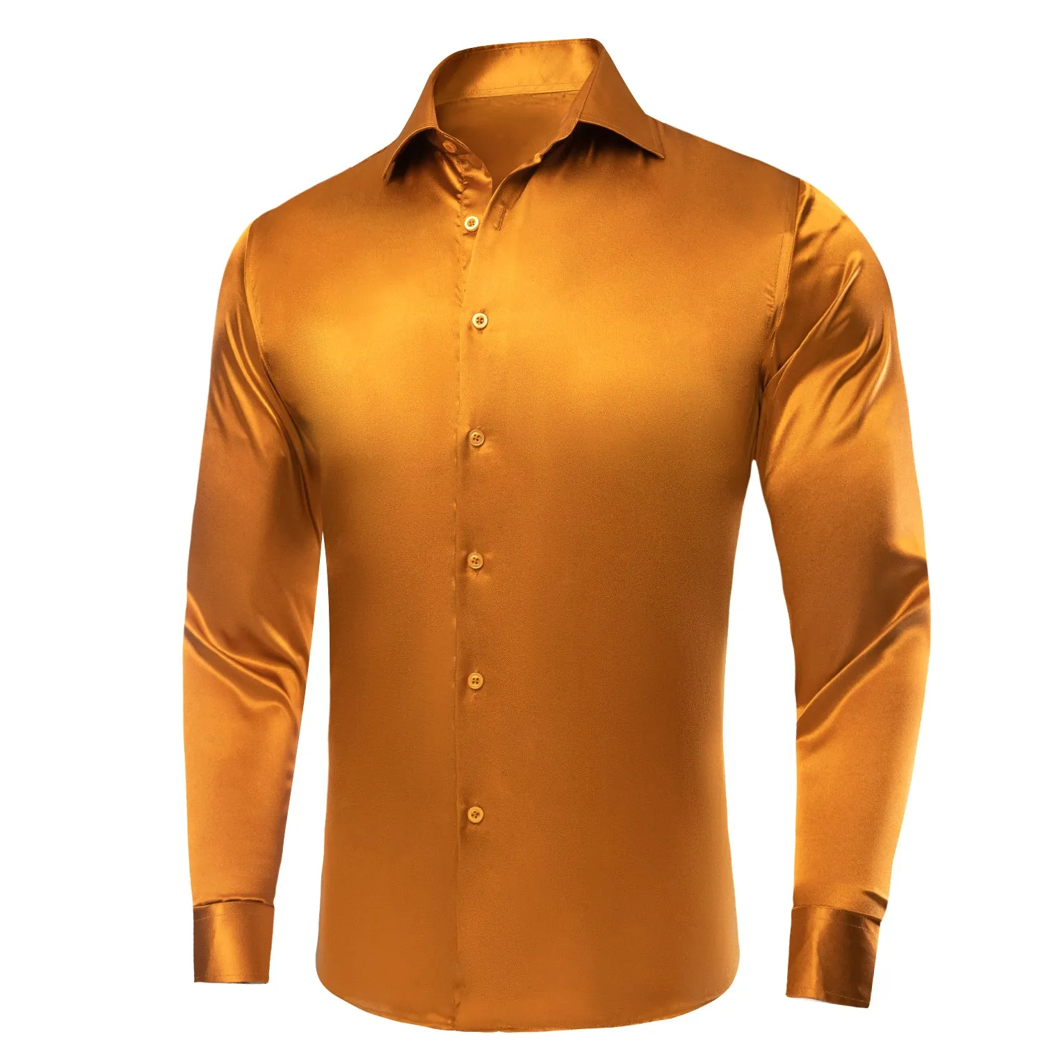 Golden Yellow Solid Satin Silk Men's Long Sleeve Business Shirt