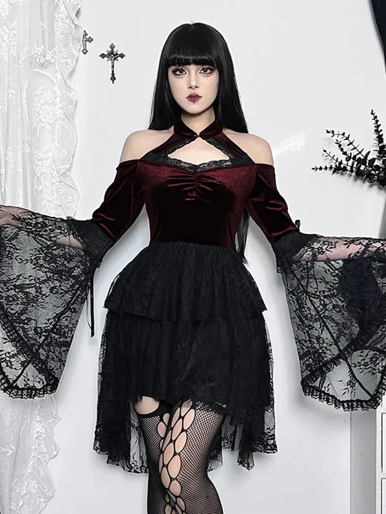 Gothic Lace Long Shoulder Off Sleeves Mesh Party Cocktail Velvet Vintage Halloween Cosplay Outfit