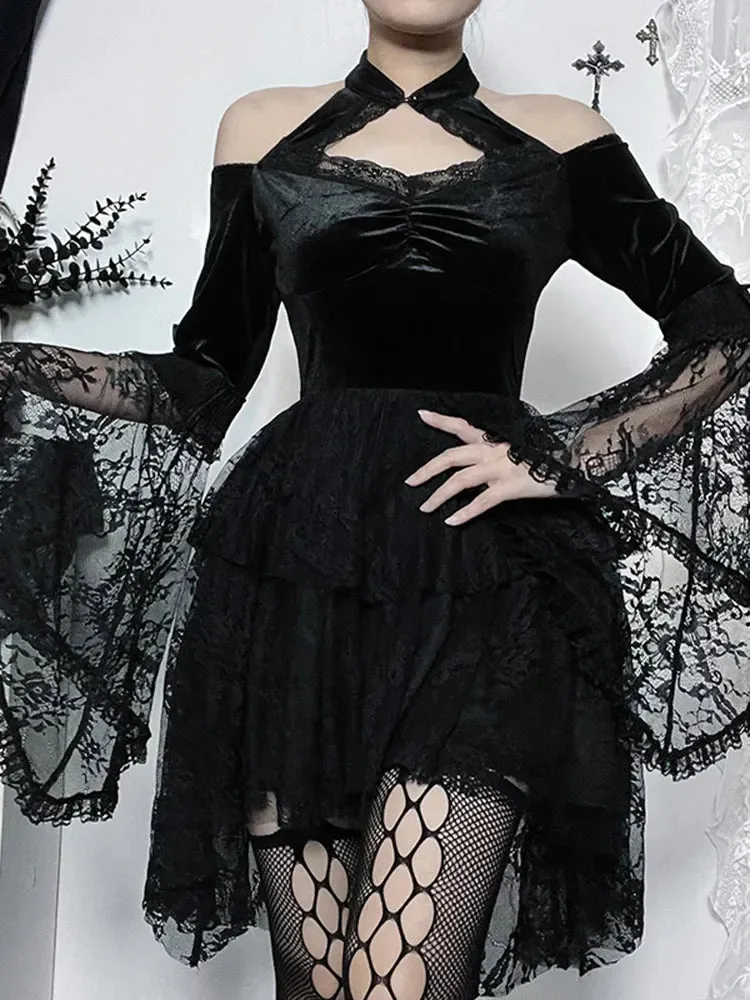 Gothic Lace Long Shoulder Off Sleeves Mesh Party Cocktail Velvet Vintage Halloween Cosplay Outfit