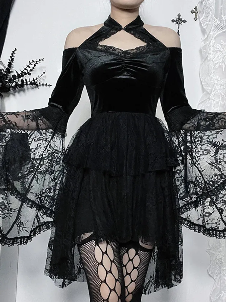 Gothic Lace Long Shoulder Off Sleeves Mesh Party Cocktail Velvet Vintage Halloween Cosplay Outfit