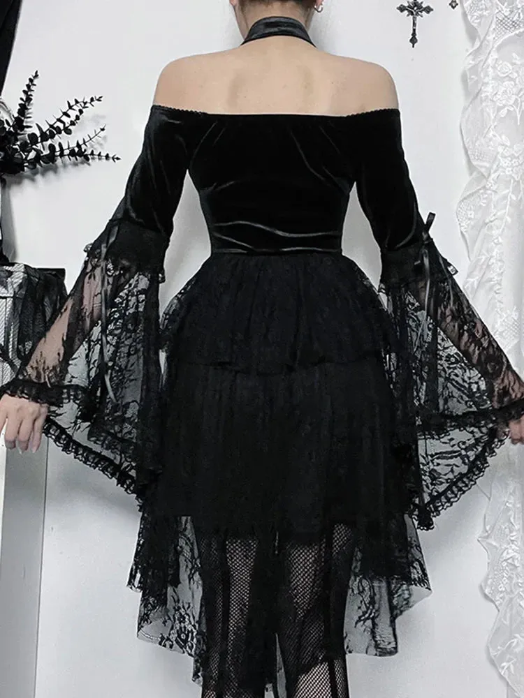 Gothic Lace Long Shoulder Off Sleeves Mesh Party Cocktail Velvet Vintage Halloween Cosplay Outfit