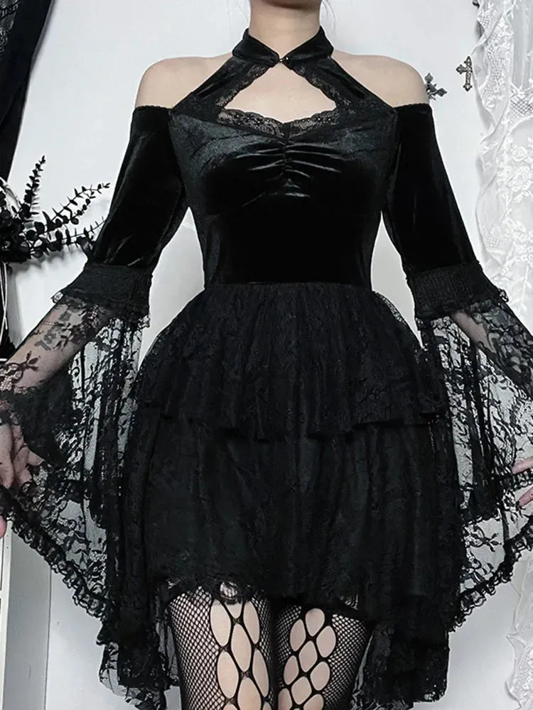 Gothic Lace Long Shoulder Off Sleeves Mesh Party Cocktail Velvet Vintage Halloween Cosplay Outfit