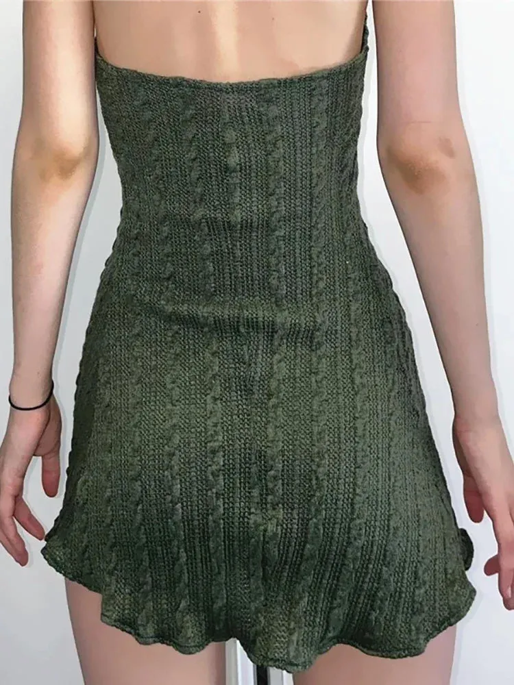 Green Knitted Fairy Grunge Mini Dress with Folds