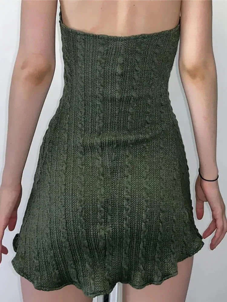 Green Knitted Fairy Grunge Mini Dress with Folds