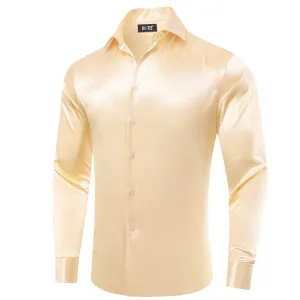 Hi-Tie Pale Yellow Solid Satin Silk Men Long Sleeve Dress Shirt