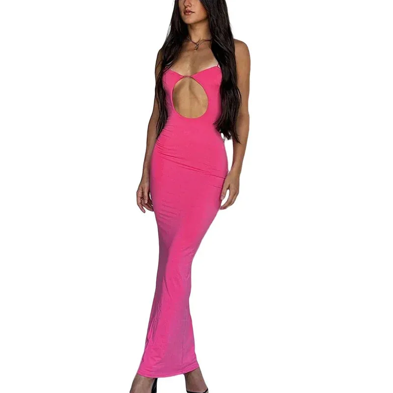 Hollow Out Bodycon Long Chic Spaghetti Strap Backless Tie-up Summer Sexy Dress