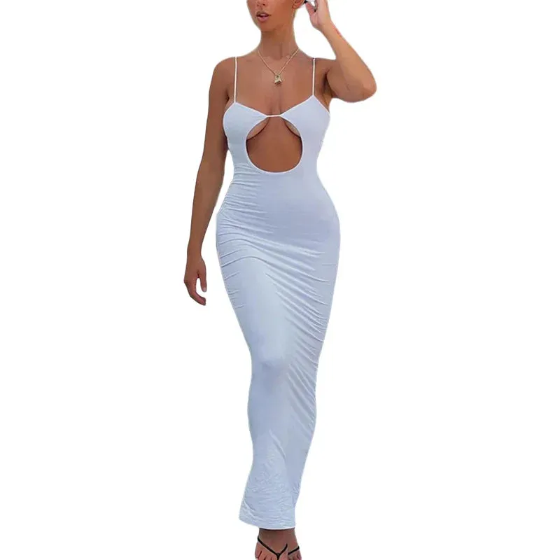 Hollow Out Bodycon Long Chic Spaghetti Strap Backless Tie-up Summer Sexy Dress