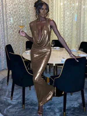 Hot Slim Elegant Deep V Neck Backless Party Gold 2024 Maxi Dress