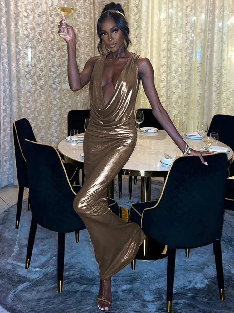 Hot Slim Elegant Deep V Neck Backless Party Gold 2024 Maxi Dress