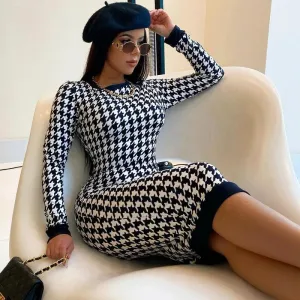 Houndstooth Print Women Long Sleeve Hollow Out Bodycon Streetwear Autumn Winter Club Elegant Slim Midi Dress 2024