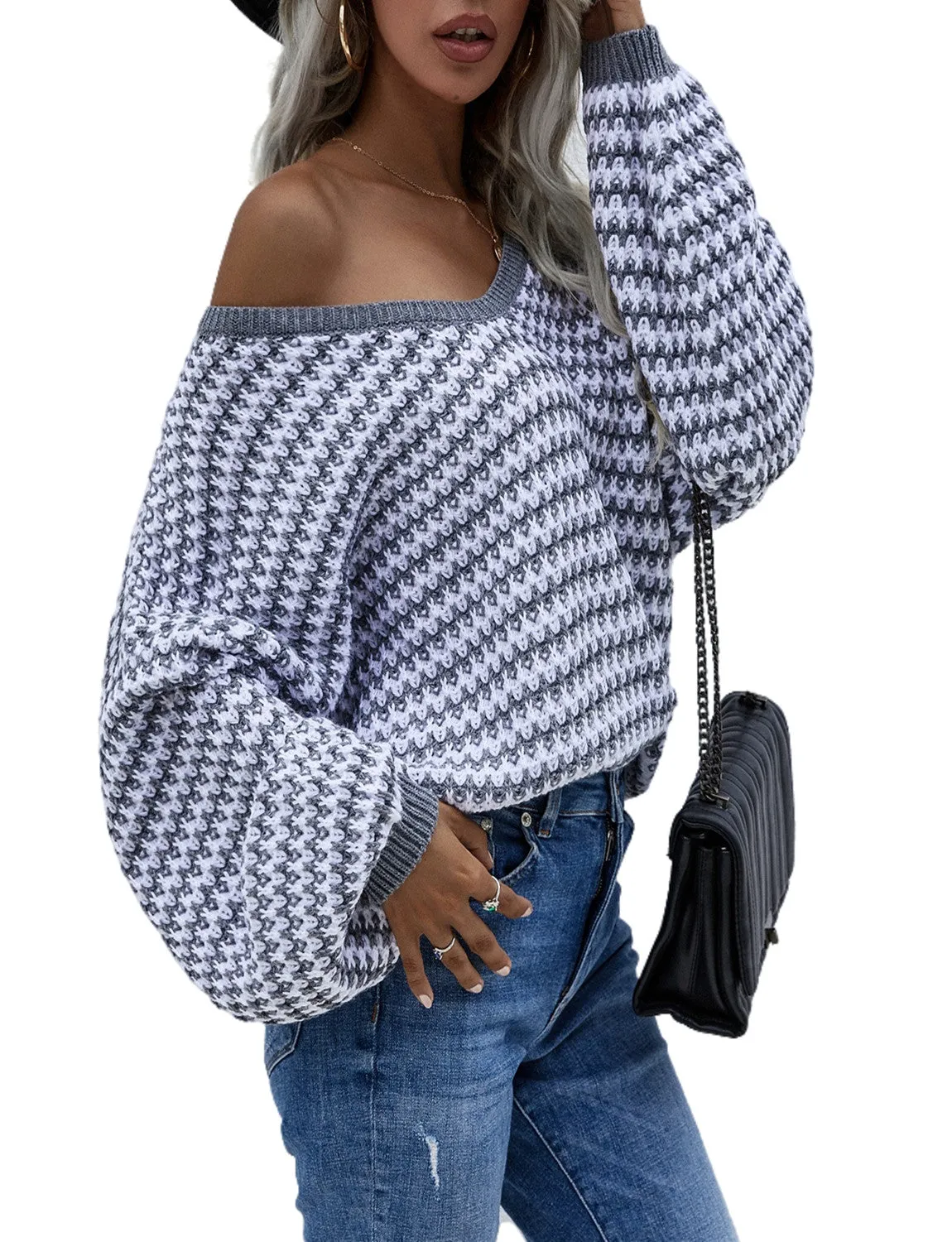 iB-iP Women's Dropped Shoulder Loose Casual Long Sleeve Pullover Sweater Cozy Top