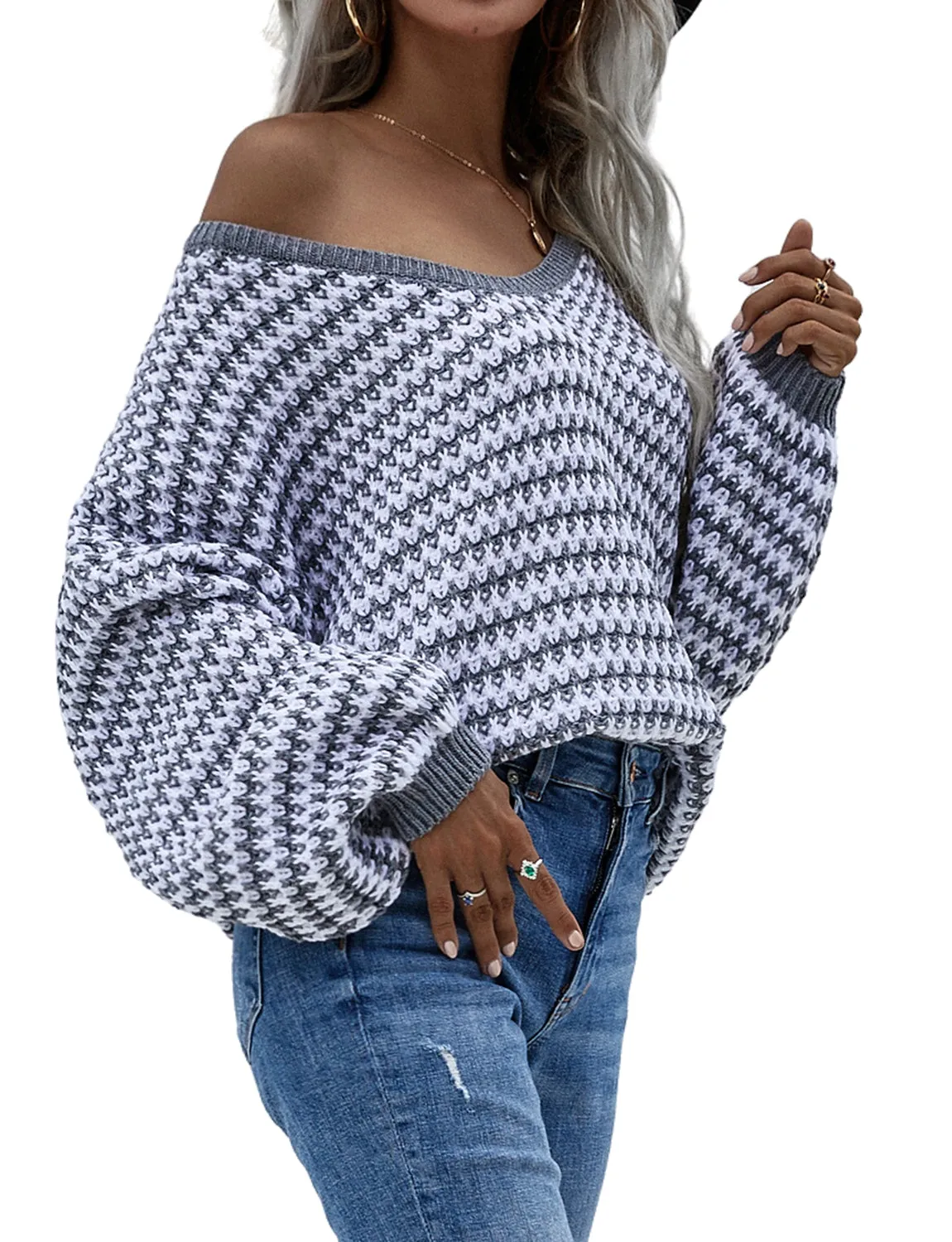 iB-iP Women's Dropped Shoulder Loose Casual Long Sleeve Pullover Sweater Cozy Top