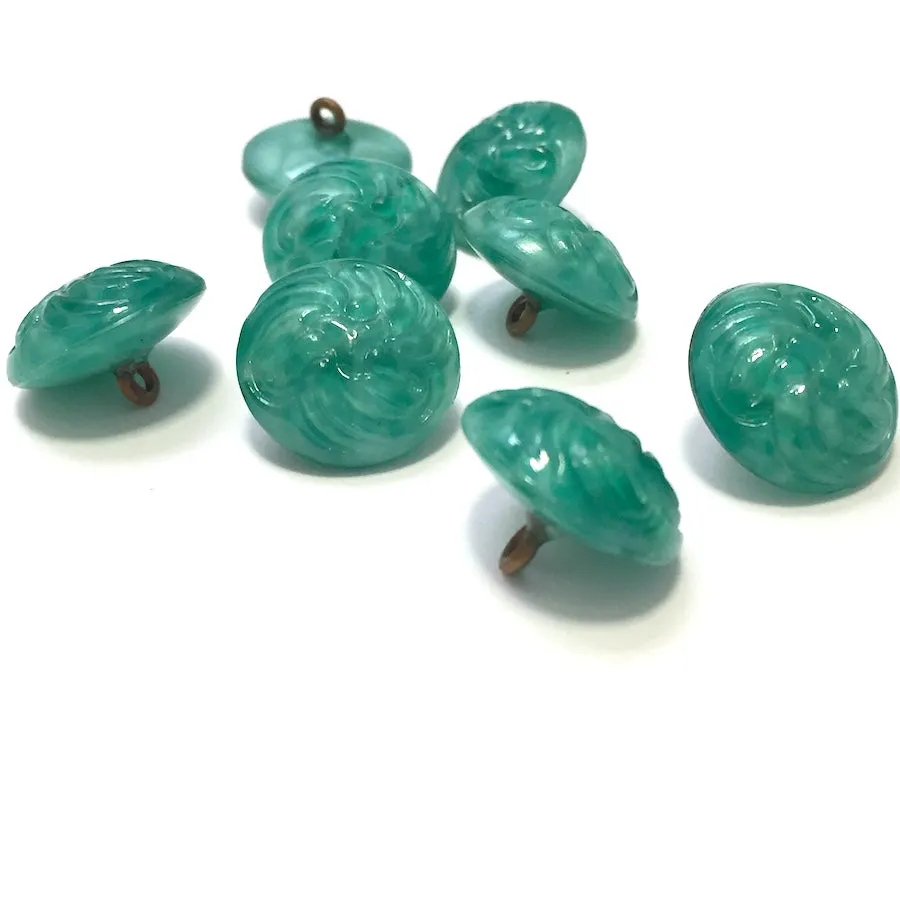 Jade Green Shiny 5/8" Vintage Glass Button with Swirly Carving #GL387