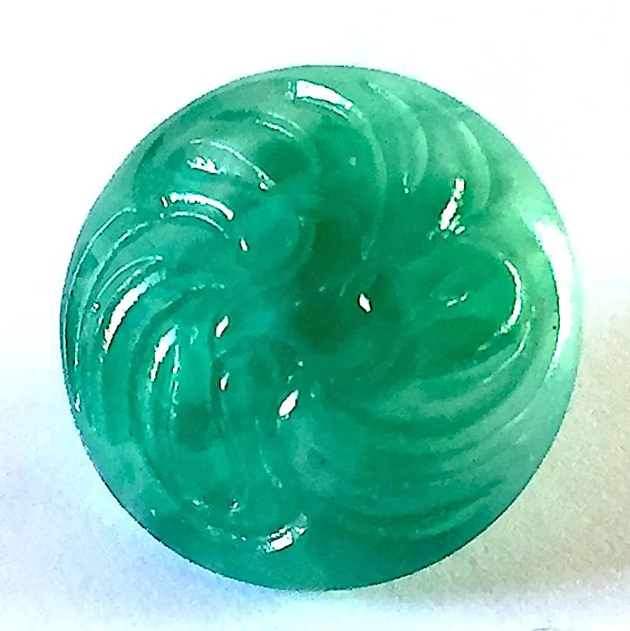 Jade Green Shiny 5/8" Vintage Glass Button with Swirly Carving #GL387