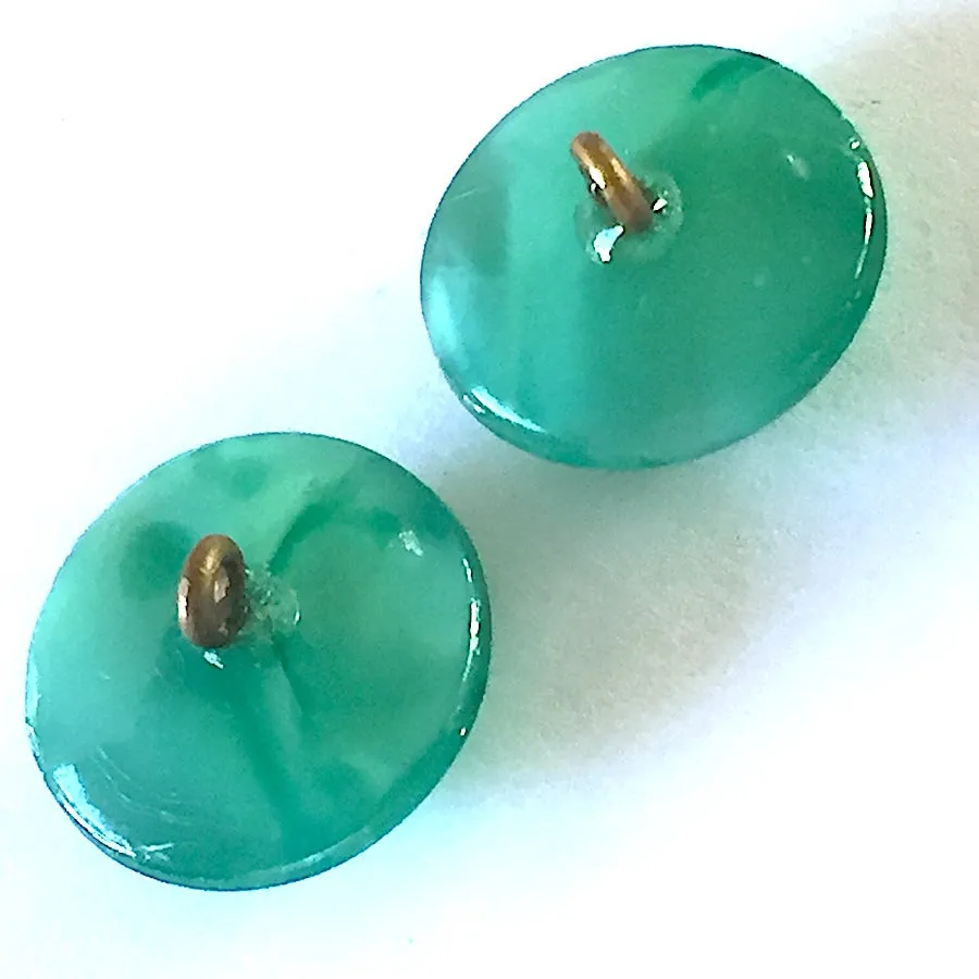 Jade Green Shiny 5/8" Vintage Glass Button with Swirly Carving #GL387