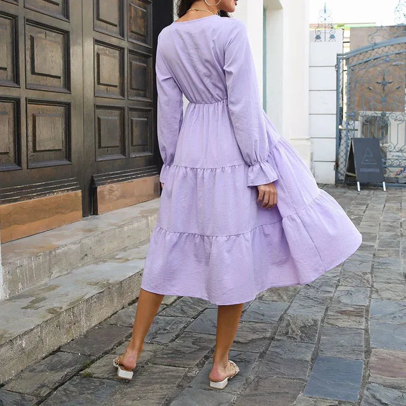 Layered Swing Casual High Waist Flare Sleeve Midi Dress