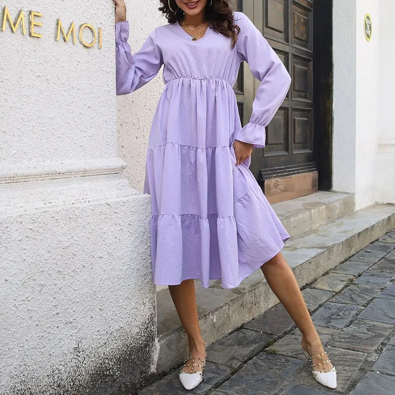 Layered Swing Casual High Waist Flare Sleeve Midi Dress