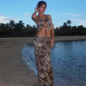 Leopard Print Beach Cropped Slim Long Skirt