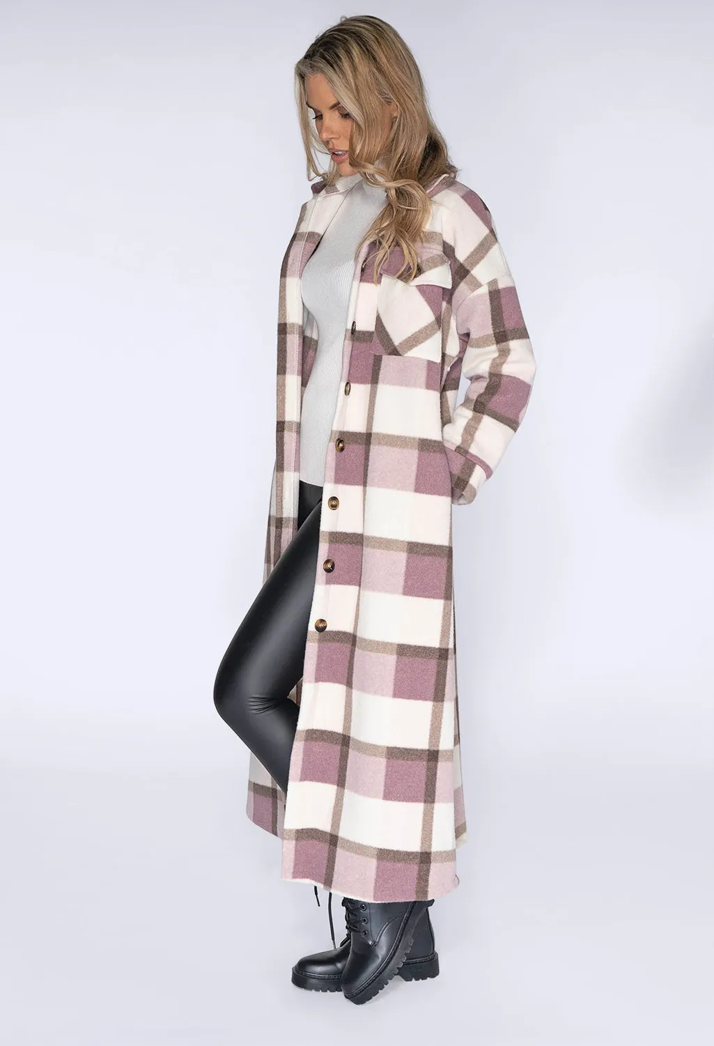 Lilac and Antique Pink Checked Long Coat