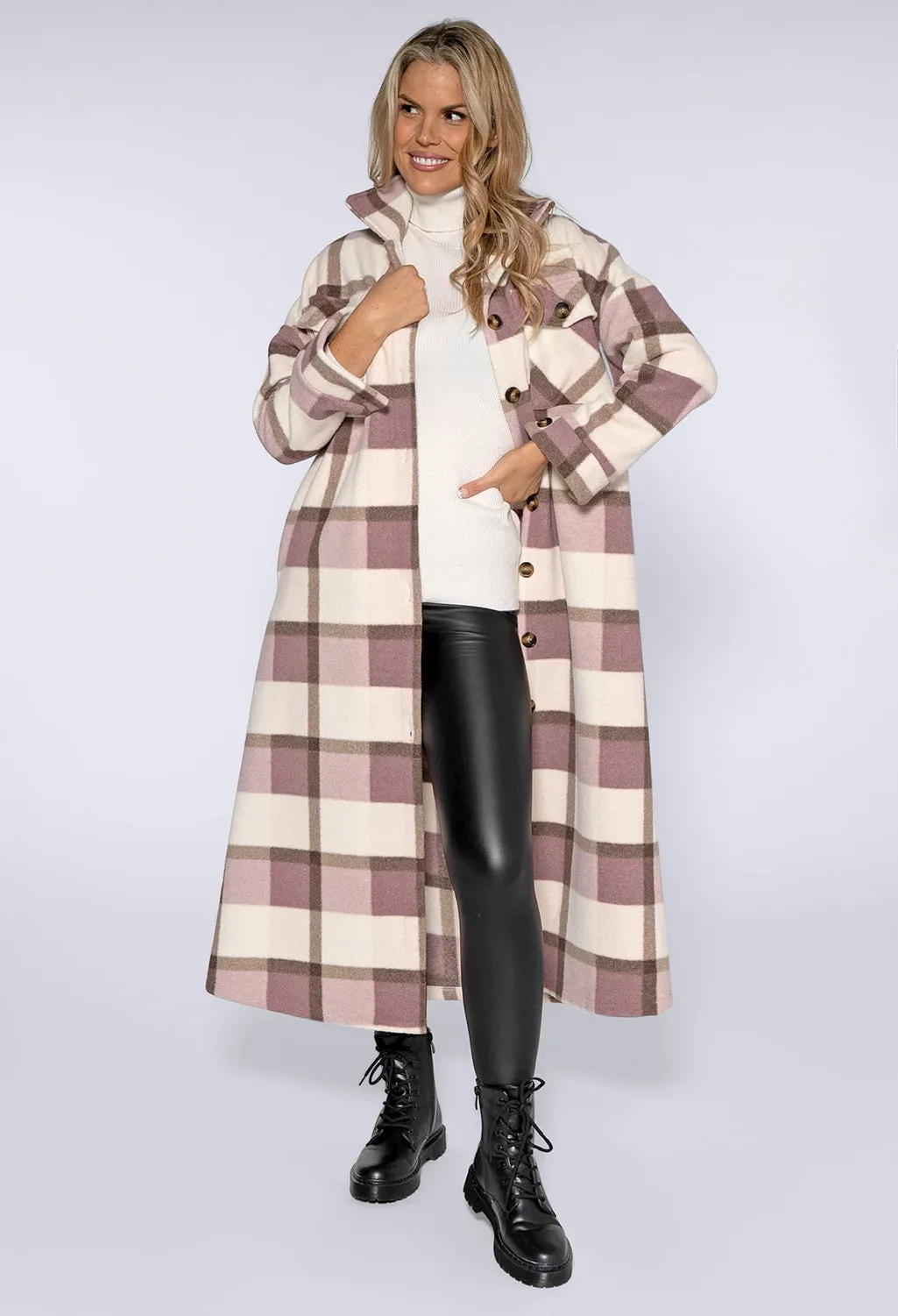 Lilac and Antique Pink Checked Long Coat