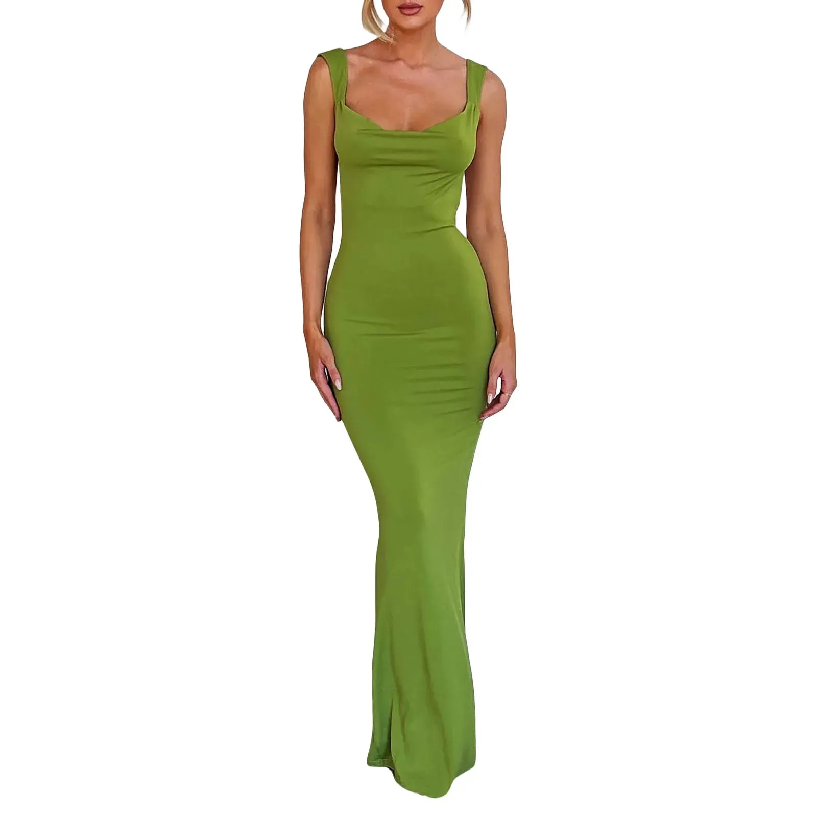 Long Bodycon Solid Color Cowl Neck Sleeveless Sling Backless Cocktail Summer Party Club Maxi Elegant Dress