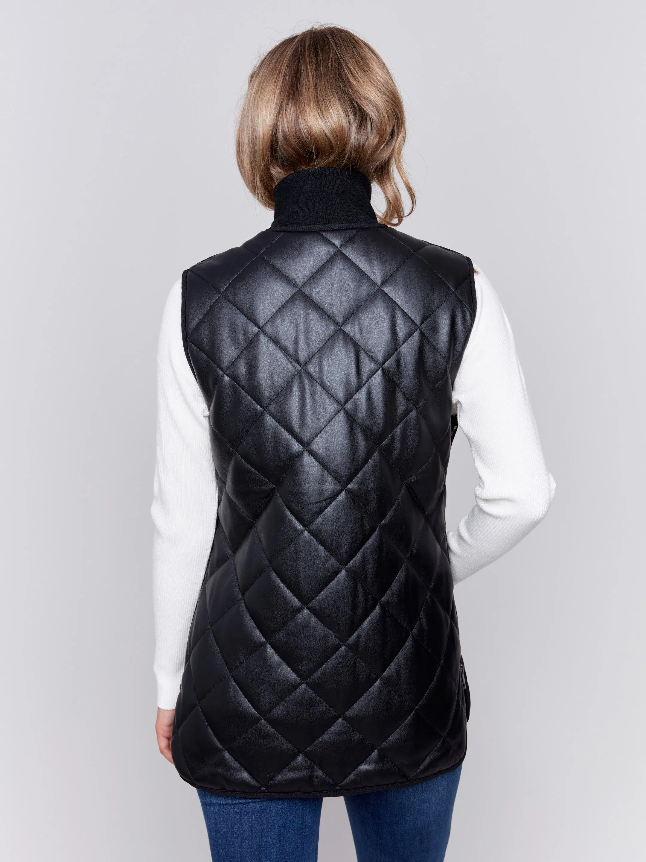 Long Quilted Faux Leather Vest - Black