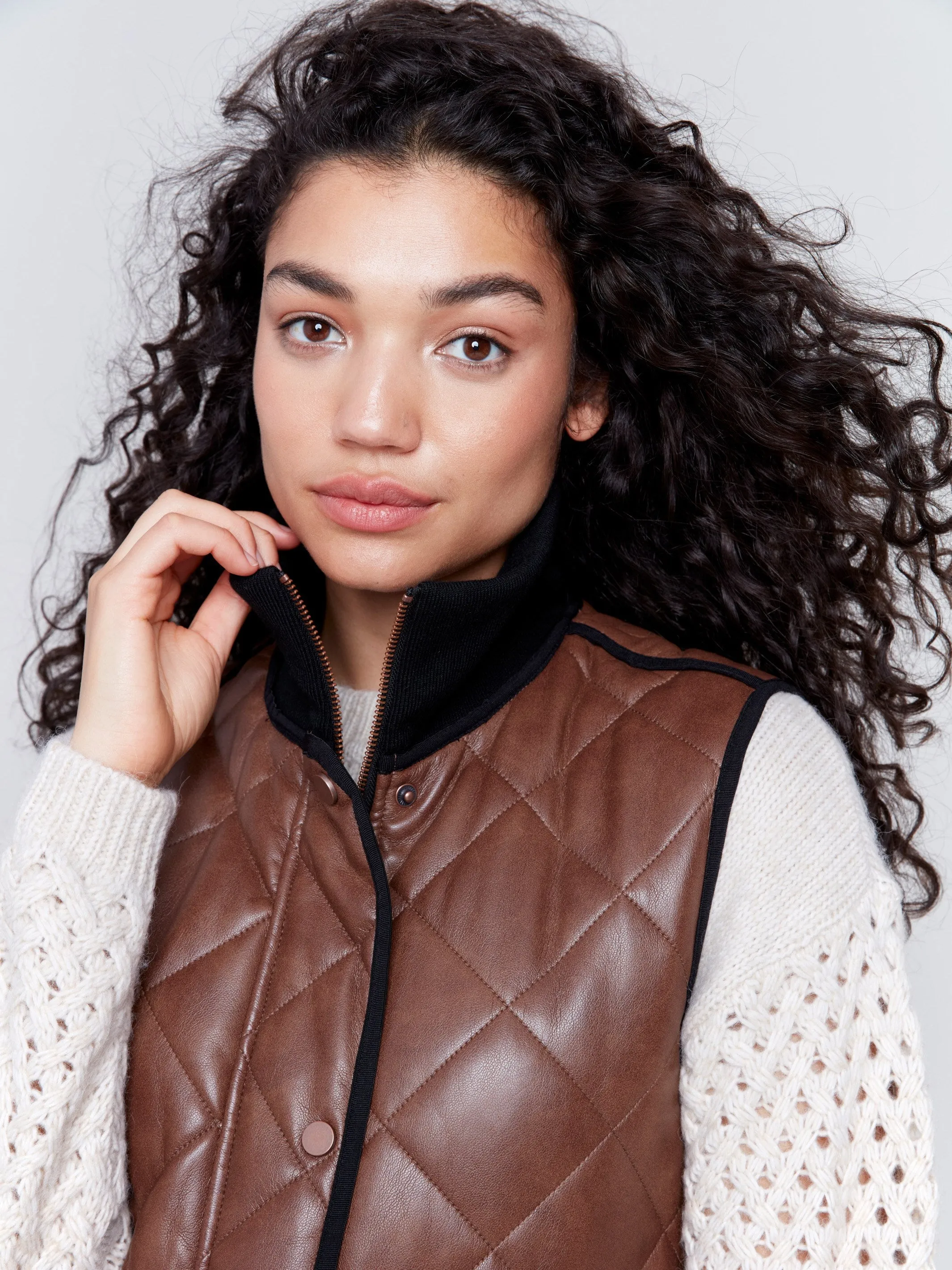 Long Quilted Faux Leather Vest - Brandy