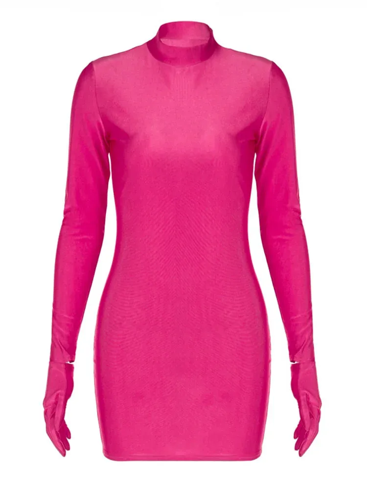 Long Sleeve Bodycon Mini Dress with Half Turtleneck and Solid Gloves