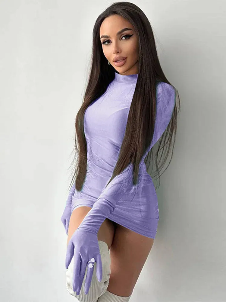 Long Sleeve Bodycon Mini Dress with Half Turtleneck and Solid Gloves