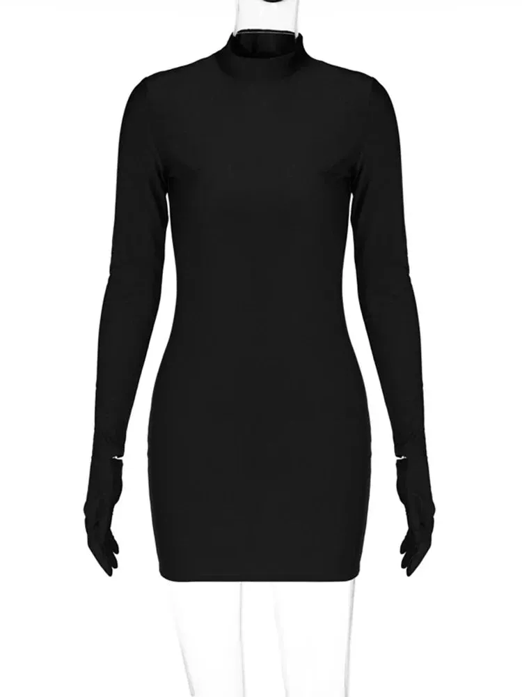 Long Sleeve Bodycon Mini Dress with Half Turtleneck and Solid Gloves