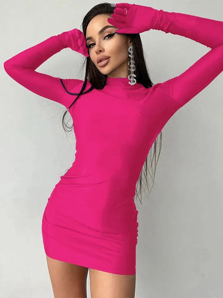 Long Sleeve Bodycon Mini Dress with Half Turtleneck and Solid Gloves