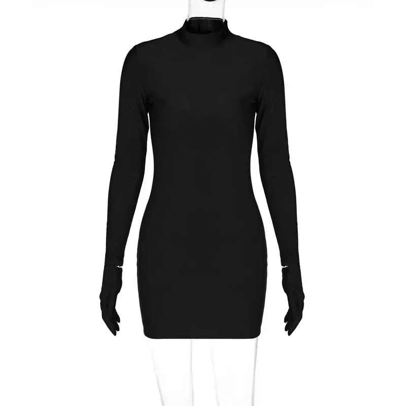 Long Sleeve Bodycon Mini Dress with Half Turtleneck and Solid Gloves