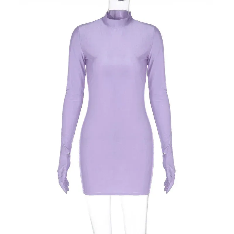 Long Sleeve Bodycon Mini Dress with Half Turtleneck and Solid Gloves