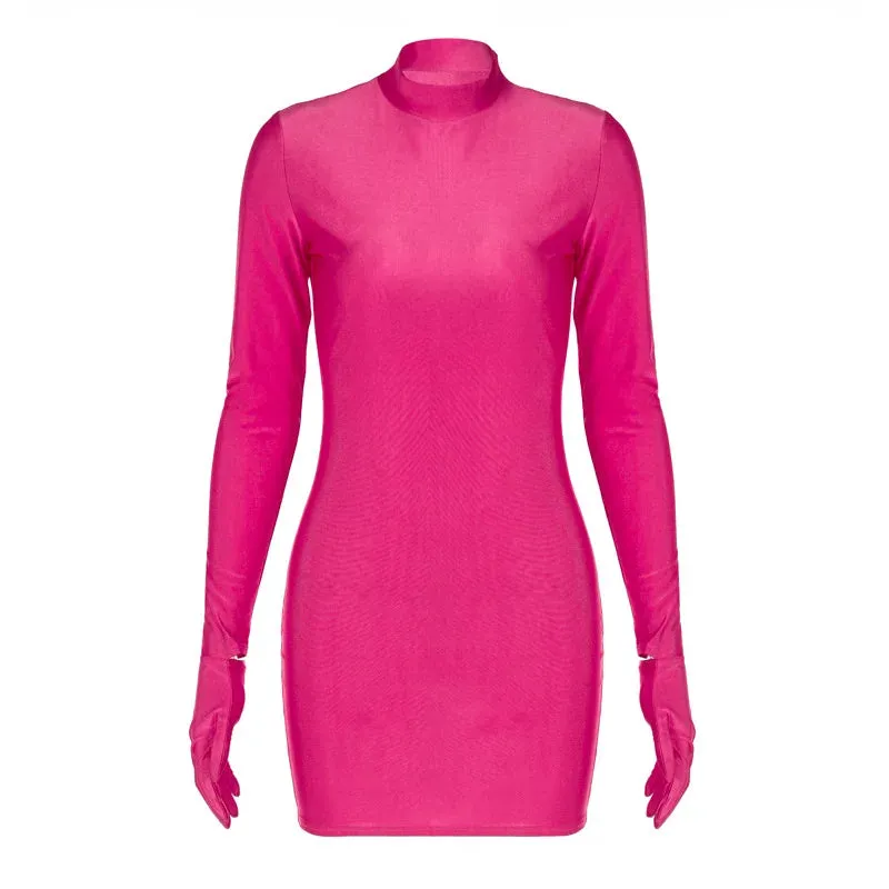 Long Sleeve Bodycon Mini Dress with Half Turtleneck and Solid Gloves