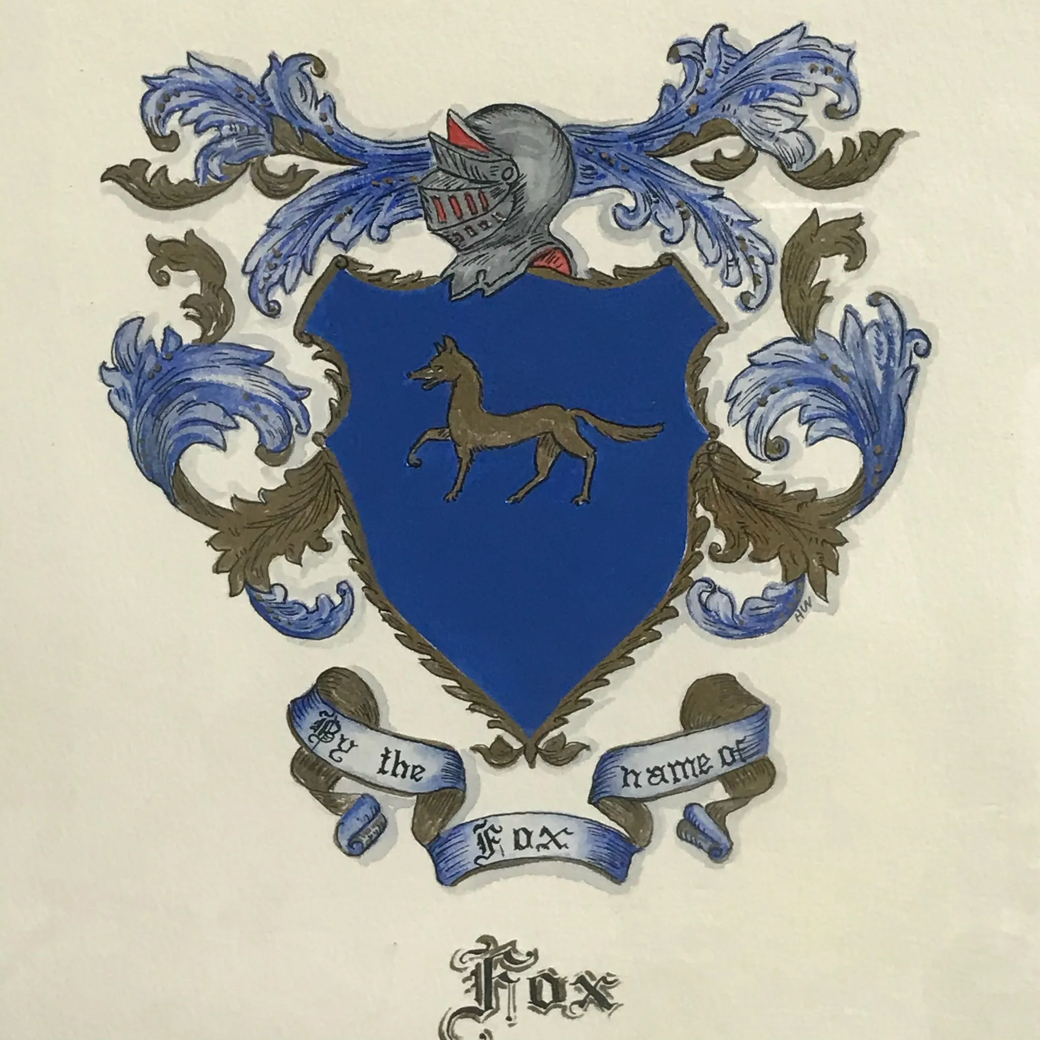 <€€ Vintage “FOX” Family Crest Framed Art Cobolt Blue & Gold Coat of Arms