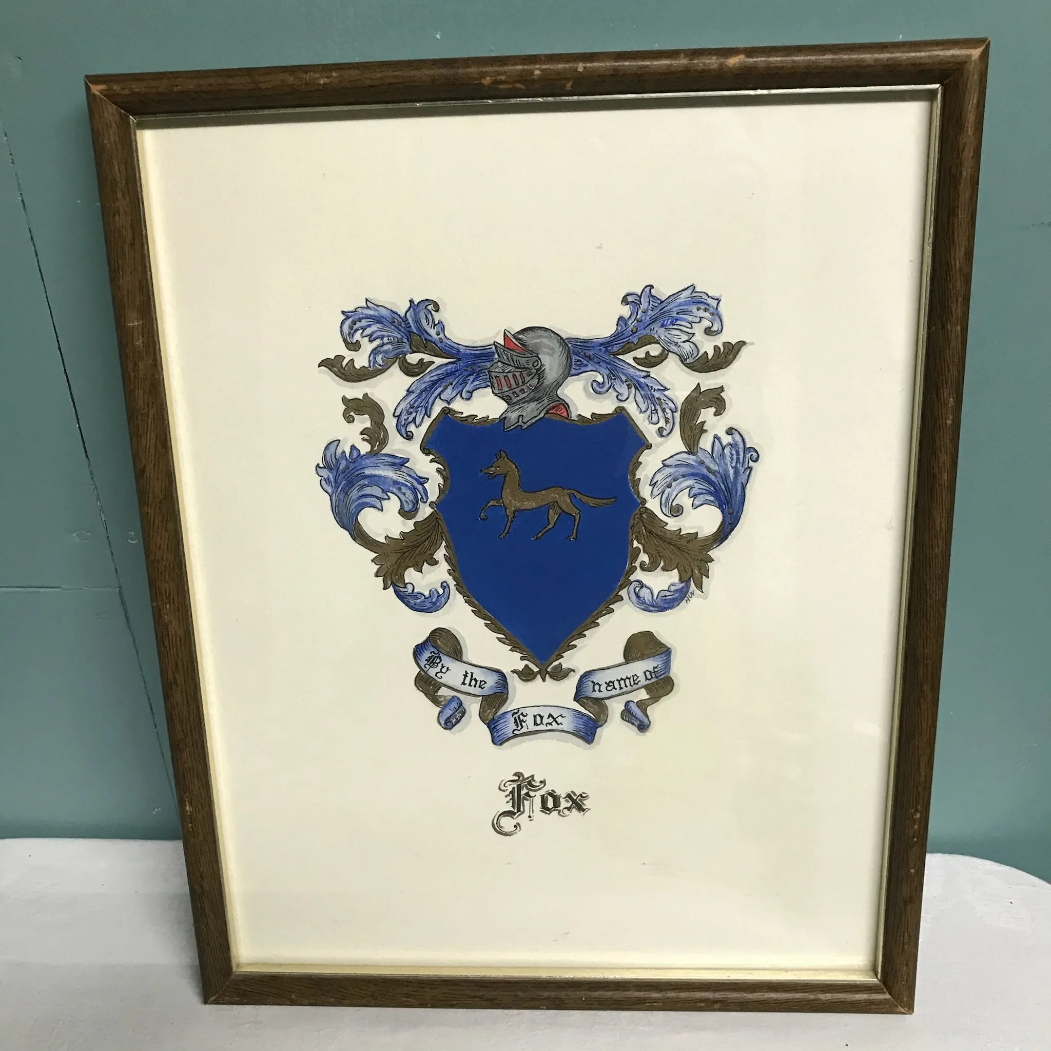 <€€ Vintage “FOX” Family Crest Framed Art Cobolt Blue & Gold Coat of Arms