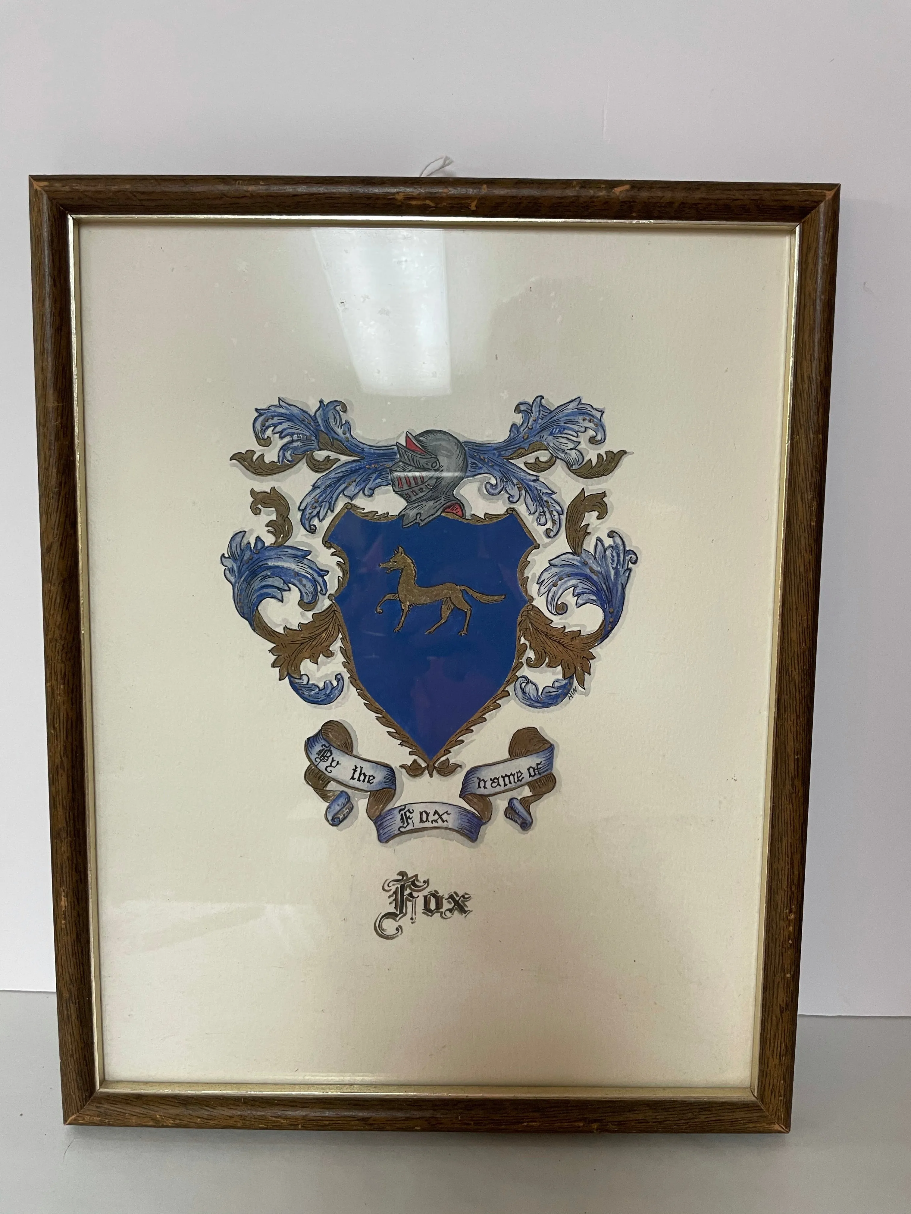 <€€ Vintage “FOX” Family Crest Framed Art Cobolt Blue & Gold Coat of Arms