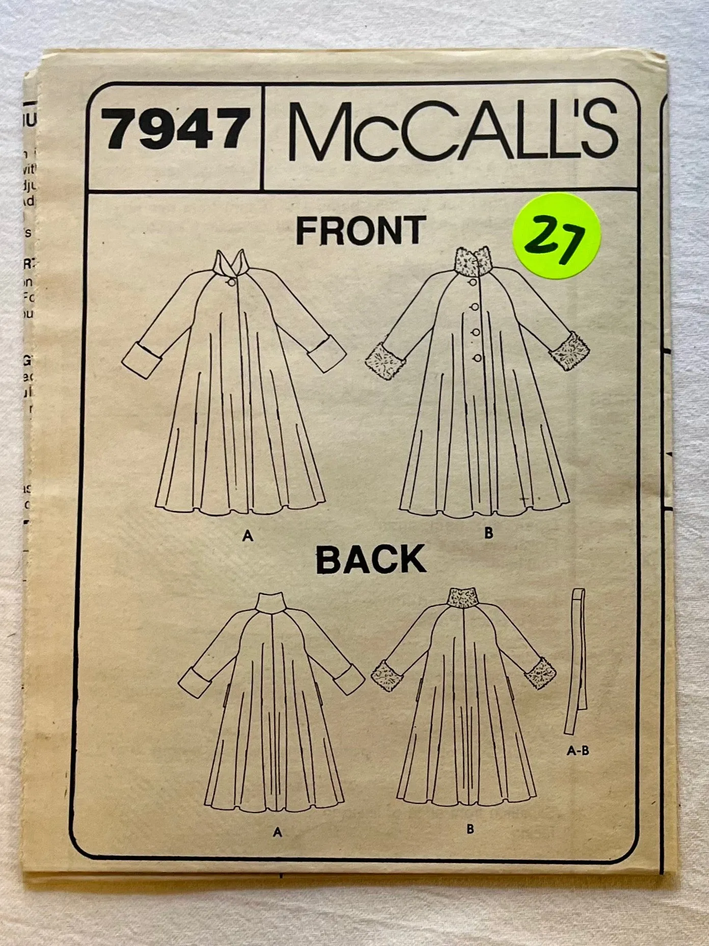 McCall's 7947 UNCUT Coat Sizes 18-22