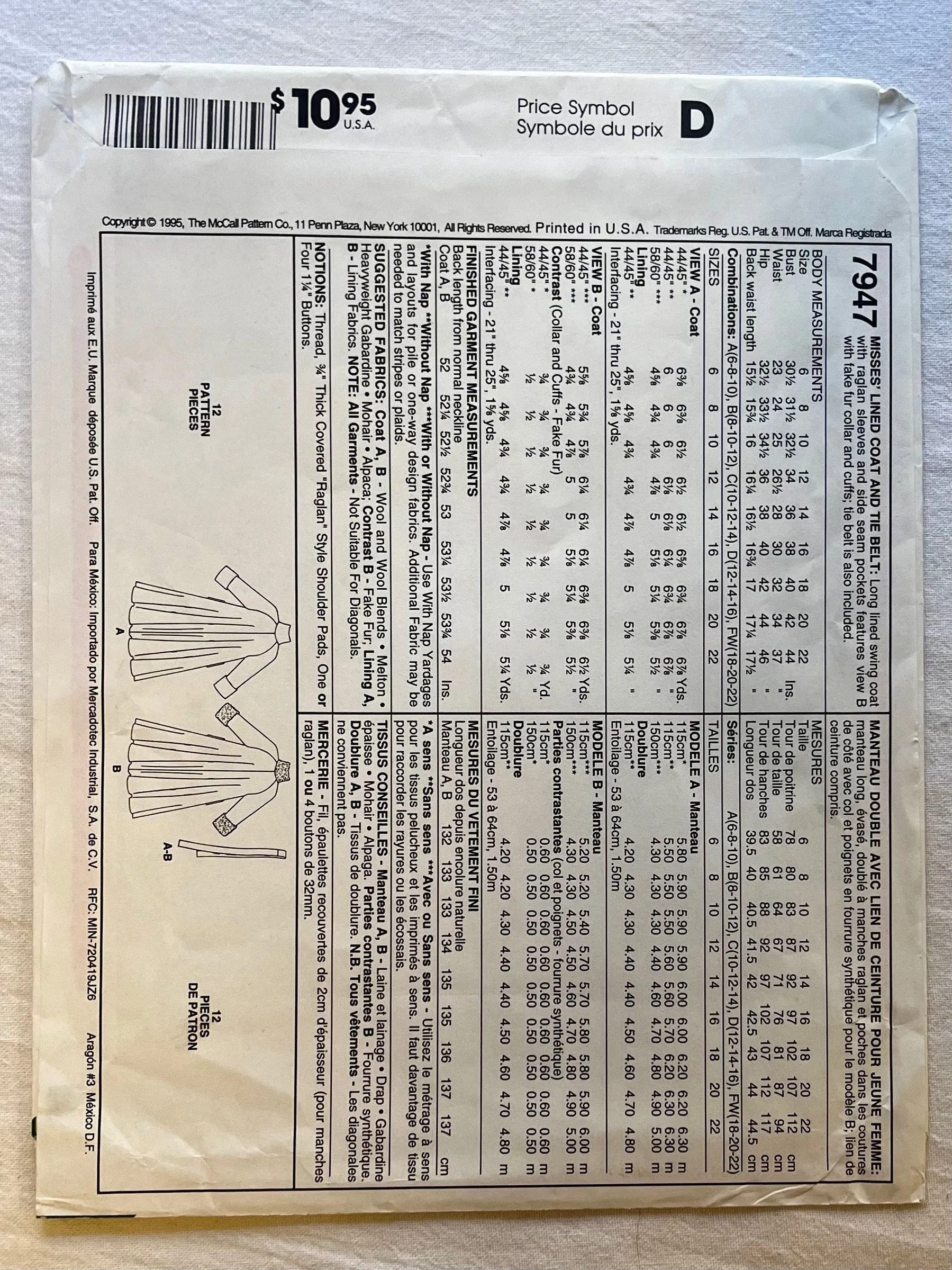 McCall's 7947 UNCUT Coat Sizes 18-22